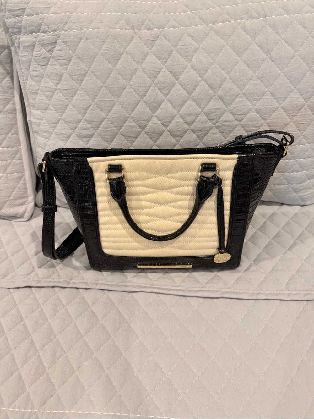 Brahmin Black and Cream Quilted Croc-Trim Satchel